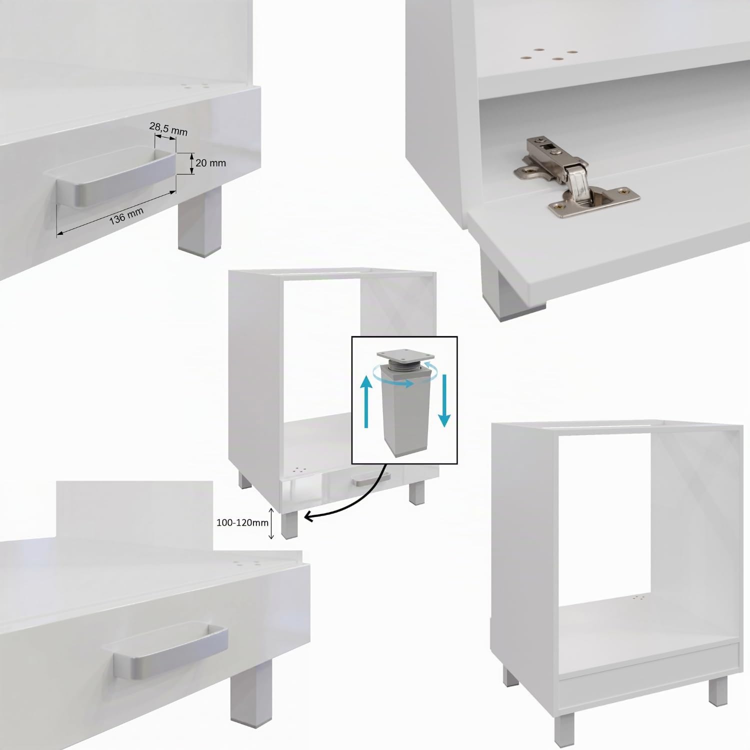 Meuble bas pour four 60 cm blanc brillant – Armoire de cuisine moderne pour four encastrable sur pieds – Système de cuisine modulaire – Idéal pour les petites cuisines, appartements