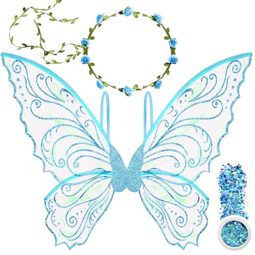 U-Goforst Fairy Wings for Adult Fairy Costume for Women Butterfly Wings for Women Halloween Costume Cosplay Dress Up (Blue)