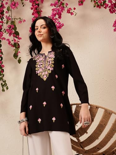 Image of QAZMI Women's Bahar Kashmiri Zari Resham Work Viscose Rayon Full Sleeves A-Line Short Kurti