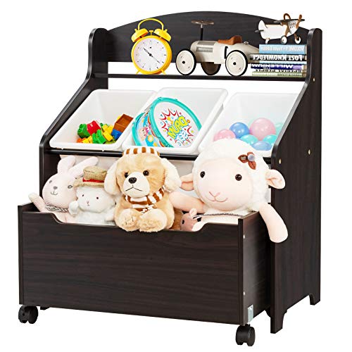 Image of HONEY JOY Wooden Kids Toy Storage Organizer, 3 Plastic Bins, Extra Rolling Toy Box Chest & Storage Shelf, 30 INCH Toddler Furniture Storage Unit with Wheels for Child's Bedroom Playroom (Espresso)