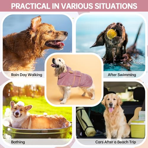 OUOBOB Hundetrocknungsmantel, Hundemantel zum Trocknen von Hunden, rosa Hundetücher für kleine Hunde, Mikrofaser Hunderobe Super mit Kapuze, verstellbare Bauchgurte für Dackel, Yorkie, Chihuahua XS