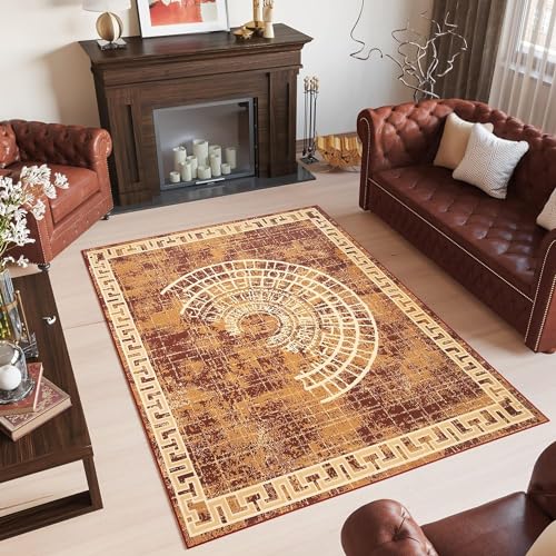 TAPISO Patras Tapis Poils Ras Moderne Marron Beige Motif Grec Rayures Bordure Tapis Salon Chambre Adulte Salle à Manger Bureau Oeko-TEX Résistant 160 x 220 cm
