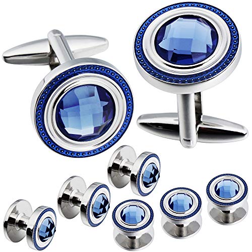 HAWSON Crystal Cufflinks and Studs Sets for Men's Tuxedo Shirts,Including One Pair Cufflinks for Men with 5 pcs Studs and Black Gift Boxes Suitable for Christmas,Father's Day,Business