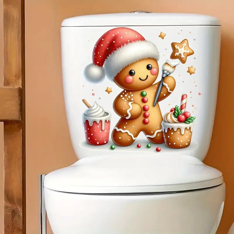 Christmas Gingerbread Man Ice Cream Toilet Cover Sticker Decals,Christmas Snowman Ocean Waterproof Toilet Lid Tank Seat Decals Cistern Self-Adhesive Bathroom Wall Sticker