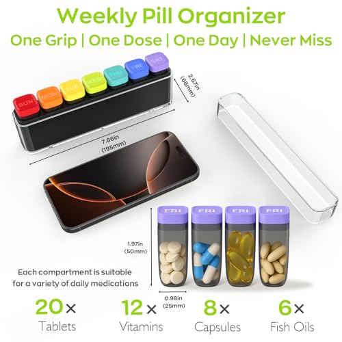 Image of HIONXMGA Color-Coded Weekly Pill Organizer Once Daily, Detachable 7 Day Travel Pill Box with Upgraded Sealing Lids, Large Portable Pill Case for Medication, Vitamins, Supplements & Fish Oils, Clear