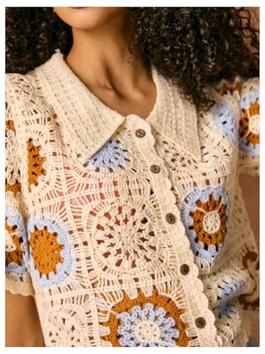 MakeMeChic Women's Crochet Sweater Vest Floral Scallop Trim Button Summer Boho Knit Tops4