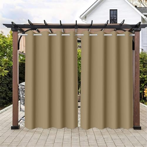 Hiseng Outdoor Vorhänge Wasserdicht Wetterfest mit Ösen 2 Stück Einfarbig Outdoorvorhänge Blickdicht Vorhang Outdoor Sichtschutz Vorhänge für Garten Terrasse (91x213cm,Braun)