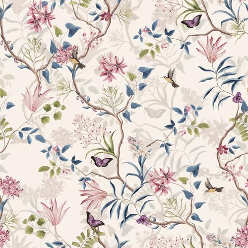 VaryPaper 17.7''x78.7'' Pink Floral Hummingbird Wallpaper Peel and Stick Butterfly Leaf Branch Floral Contact Paper for Cabinets Waterproof Removable Vintage Flower Wallpaper for Bedroom Bathroom