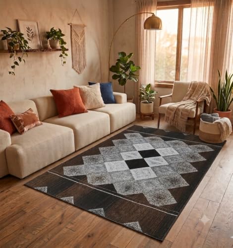 Image of Modern Geometric Chenille Area Rug (4' x 6') - Soft Coffee Brown Patterned Carpet for Living Room, Bedroom & Office | Durable & Easy-Clean Floor Decor