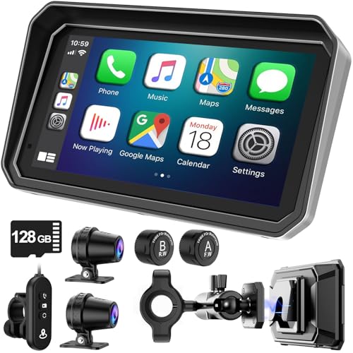 FancyTiger 6" Ultra-Bright Motorcycle Carplay HD Waterproof Touchscreen with GPS Navigation System, TPMS, Wireless BT, Loop Rec & Emer Lock, Dual 1080P Camera, iOS/Android,Quick Release Magnetic Mount