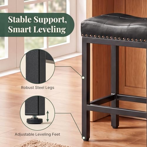 Image of 24 Inch Bar Stools Set of 2, PU Leather Counter Height Stools | Upholstered Modern Saddle Barstools with Metal Base and Footrest for Home Bar, Small Apartment, Black