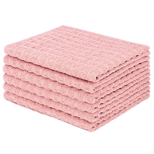 Lirex Torchons de Cuisine (Lot de 6), 28 x 28 cm Serviettes de Cuisine Doux à Séchage Rapide Absorbant 100% Coton Gaufre Torchon Faire la Vaisselle, Lavables en Machine, Rose Cover