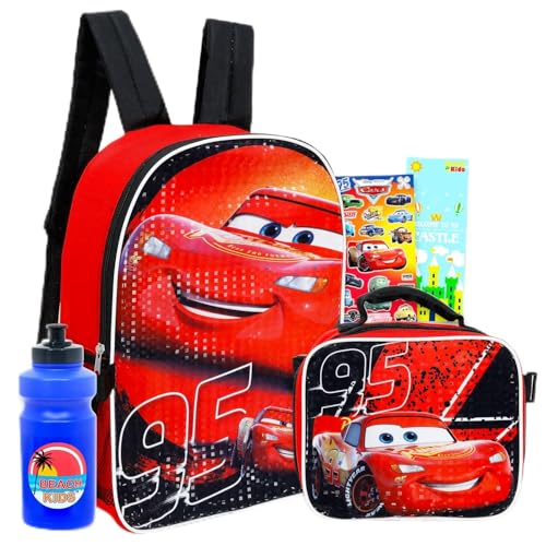 Disney Mochila de carros com conjunto de lancheira – Pacote com mochila Lightning McQueen de 40,6 cm, lancheira, garrafa de água, adesivos, mais | Mochila escolar Disney Cars para meninos, crianças