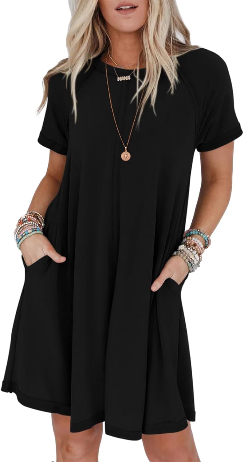 PRETTYGARDEN Womens Short Sleeve Crew Neck Swing Dress With Pockets Large Black