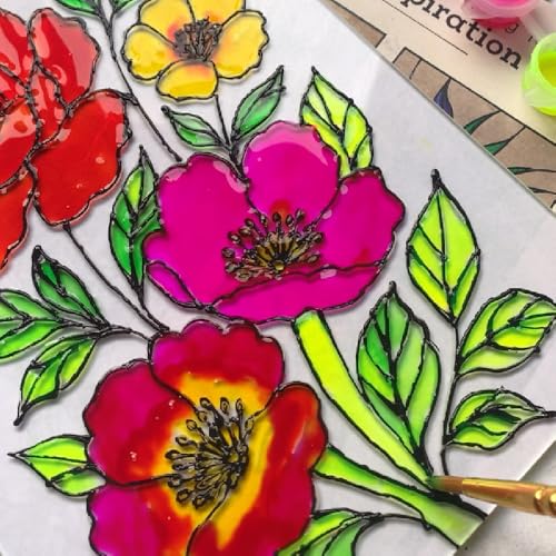 Image of The Crafthives Floral Glass Painting Kit | DIY Flower Stained Glass Art Set with Acrylic Frames, Colours, Brushes & Outliner | Creative Glass Painting Craft Kit for Kids Beginners Adults