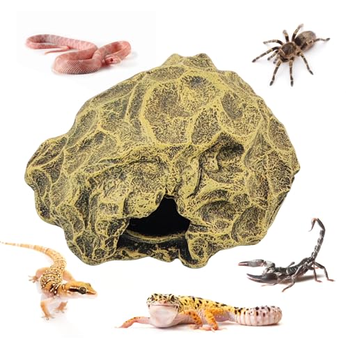 MUYG Small Hideout for Reptiles,Reptile Hide Cave Resin Gecko Habitat Decor 2 in 1 Multi-Functional Leopard Gecko Tank Accessories Hideout with Detachable Base as Food Bowl