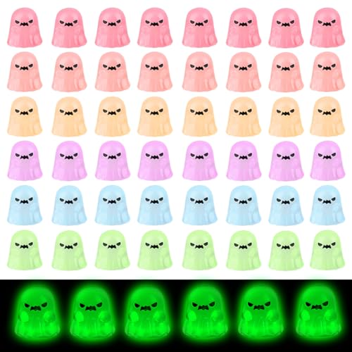 50pcs Halloween Luminous Mini Resin Ghost, Premium Tiny Resin Ghost Figures Halloween Miniature Ghost Figurines Glow in The Dark Ghost Halloween Resin Decor Vase Filler Small Decorations Ornaments