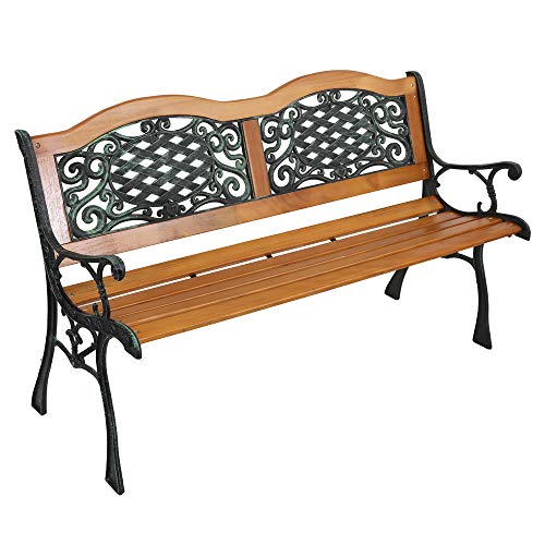VINGLI Classic Cast Iron & Teak Arched Back Rectangular Outdoor Bench, 3-Seater, 470 lbs Capacity, Easy Assembly, Weather Resistant, 49.5' W x 20.5' D x 29' H