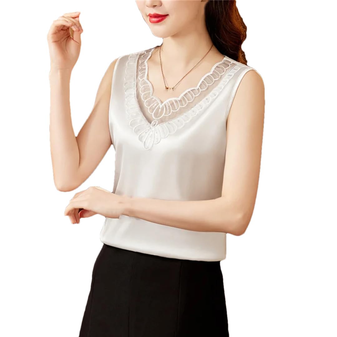 Camicetta da donna con scollo a V allentata casual estiva senza maniche in seta con