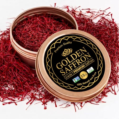 Golden Saffron, Finest Pure Premium All Red Saffron Threads, Grade A+ Super Negin, Non-GMO Verified. For Tea, Paella, Rice, Desserts, Golden Milk and Risotto (15.0 Grams)