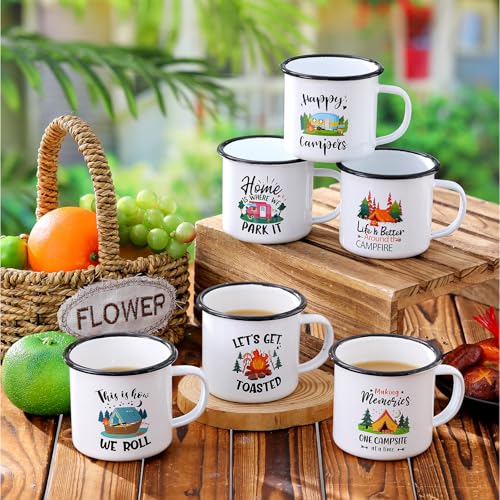 Baderke 6 Pcs Enamel Camping Coffee Mug 12 oz Coffee Mugs with Handle Vintage Portable Camp Drinking Cups Bulk Happy Campers Campfire Tea Cups for Outdoor Travel Camping Holiday Gifts(White)