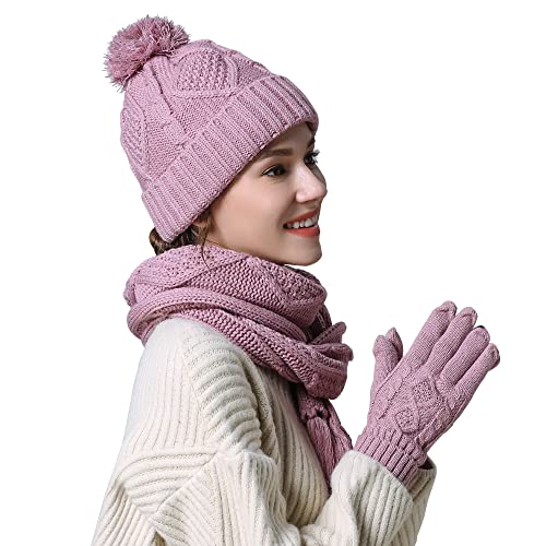 Winter Hat Gloves Scarf Set Women, Beanie with Pom Touchscreen Gloves Warm Knit Long Scarf 3 in 1 Set Gift for Women