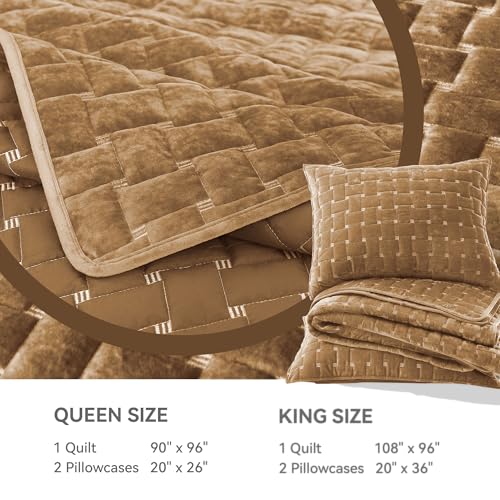 Image of Grassix Velvet Quilt Set Queen Size, Luxury Geometric Design, Gold Caramel