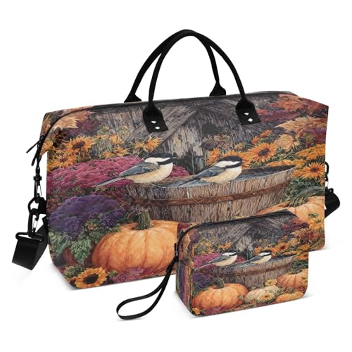 Sunflowers Birds Fall Pumpkins Travel Duffel Bag for Men Women with Makeup Bag Weekend Overnight Carry On Bags for Hospital Travel Gym