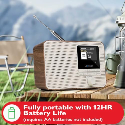 Image of LeMega IR1 Internet Radio, Podcasts, Bluetooth, FM, Walnut | Alarm clock, full colour display, mains or AA battery, compact kitchen radio, snooze, sleep timer, 40 presets