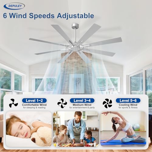 Image of Depuley Ceiling Fan Without Light: Big Indoor Outdoor Fan with Remote APP Control - Large Ceiling Fan no Light 8 Blade Reversible Quiet DC Motor Memory Function Timer 66 Inch Silver