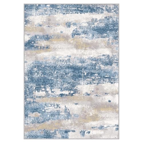 2x3 Rugs for Entryway Entrance Kitchen Bathroom, Machine Washable Modern Abstract Soft Area Rug, Indoor Floor Carpet with Non Slip Rubber Backing, Blue Cream