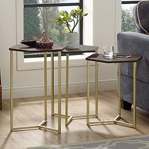 Eden Bridge Designs Mid Century Modern Wood Nesting Side Tables for Living Room Bedroom Home Office, Set of 3, Hexagon Shaped, Dark Walnut/Gold, Laminate, One Size Cover