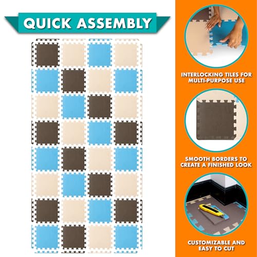 Image of ProSource Baby Play Mat, Soft Foam Floor Tiles for Kids, Interlocking EVA Panels for Playpen Use, Crawling Development Surface, Safe Non-Toxic Toddler Flooring, 32 Tiles, Blue /Brown /Beige