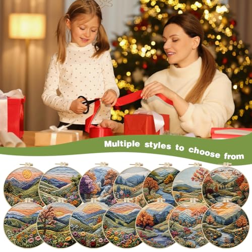 Image of EUBUY Embroidery Kit for Beginners, Nature Landscape Pre-Stamped Pattern Kits for Adults, Hand Embroidery Kit with Hoop, Color Threads,Tools for Craft Lover Hand Stitch