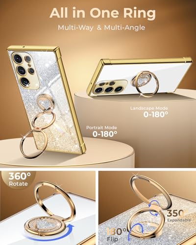 Image of XYZ for Galaxy S25 Ultra Case with Stand, for Samsung Galaxy S25 Ultra Case with Double Ring, Women Girls Bling Luxury Glitter Clear Phone Case Cover Heart for Samsung S25 Ultra, Gold