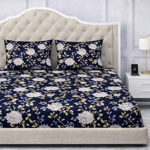 Image of 300 TC Cotton Feel Glace Cotton Elastic Fitted Bedsheet for King Size Double Bed | Fits up to 8 Inch Mattress | Printed Bedsheet with 2 Pillow Covers (Black, King Size - 72 inchx78 inch)