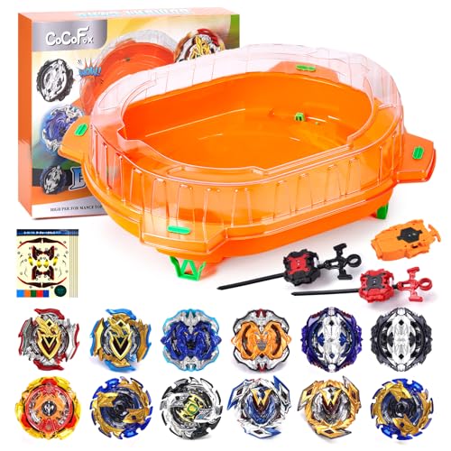 COCOFOX Burst Set, 12 Battling Tops 3 Launcher and 1 Stadium, Toys for 6 Year Old Boys & Girls & Up (Amazon Exclusive) Orange