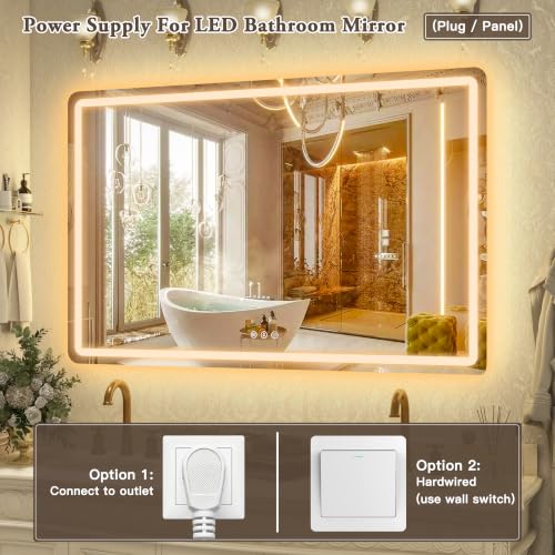 Image of 55 inch x 36 inch Led Bathroom Mirror with Lights, Anti-Fog & Tri-Color Lighting - Wall Mounted Shaving Mirror with Touch Sensor, Waterproof & Smart LED Vanity Mirror,Tempered Glass, Dimmable Smart Mirror