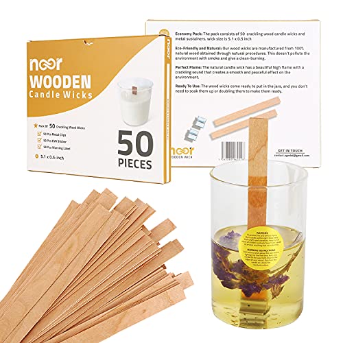 Noor Crackling Wooden Wicks For Candles - Pack Of 50 Pcs 5.1 X 0.5 Inch Wood Wicks With Metal Sustainers, Eva Stickers And Warning Labels - Eco-Friendly Wooden Candle Wick #TOP6