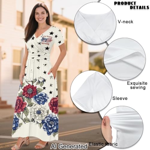 Image of Women's Fall Summer Short Sleeve Ankle Length V-Neck Party Dress with Pockets Size S-3XL