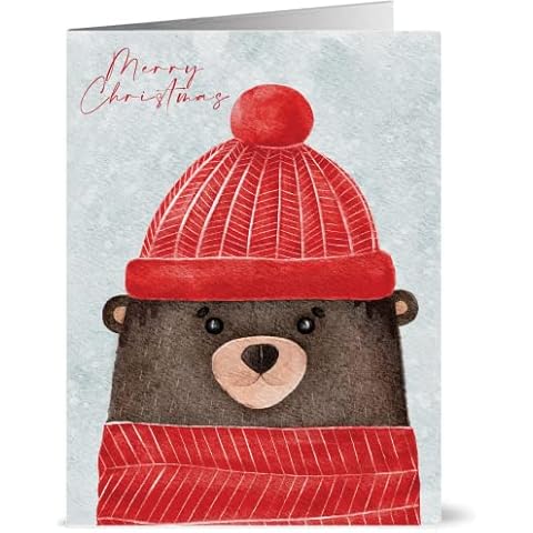 25 x Cute Bear in Red Hat Christmas Cards - made from recycled paper (25 Cards) Cover