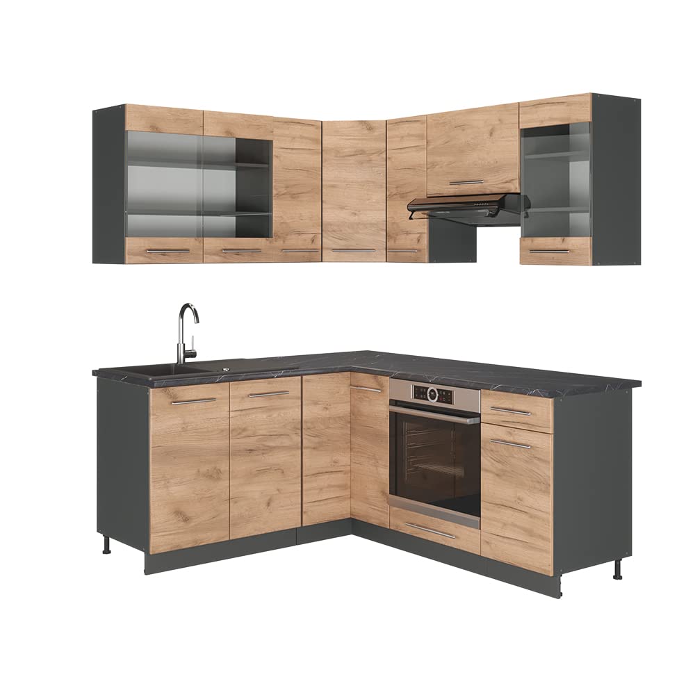 Vicco Cucina angolare completa Fame-Line, Rovere dorato/antracite, 190 x 46 cm senza piano di lavoro, adatto per l'espansione individuale con moduli aggiuntivi