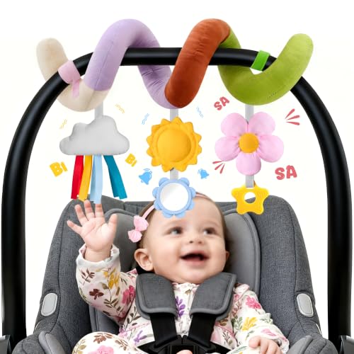 Image of Stuffed Spiral Baby Car Seat Toys, Best Newborn Shower Gifts, Soft Infant Essentials Must Have Stroller Hanging Toys (Vibrant Nature)