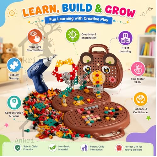 Image of Creative Tool Box Building Set with Electric Drill & Screwdriver | 203 Pieces Mosaic Puzzle Construction Toy, STEM Learning Kit with Colorful Nuts & Bolts for Kids 3+ Years (Multicolor)