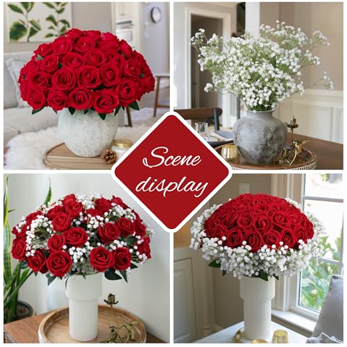 Image of HyeFlora 35 PCS Artificial Red Roses with 15 PCS Fake Baby Breath Realistic Fake Flowers Bouquet with Long Stem for DIY Wedding Party Home Decoration Vase Tables Centerpieces Arrangements Gift for Her