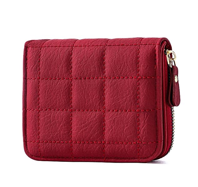 Carteiras pequenas femininas de couro acolchoado com bolso dobrável dobrável para cartão carteira pequena com zíper, Vermelho, Carteira pequena