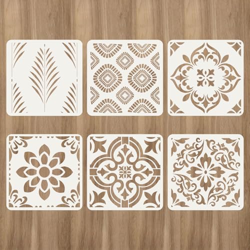 6Pcs Floor Stencils Tile Stencil 12x12 Inch Floor Tile Painting Stencil Wall Furniture Patio Bathroom Garden Decor DIY Reusable