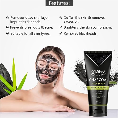 Image of Globus Naturals Charcoal Face Scrub Enriched with Tea Tree, Retinol & Lactic Acid for Exfoliation, Acne & Blackhead Removal, 100 gm