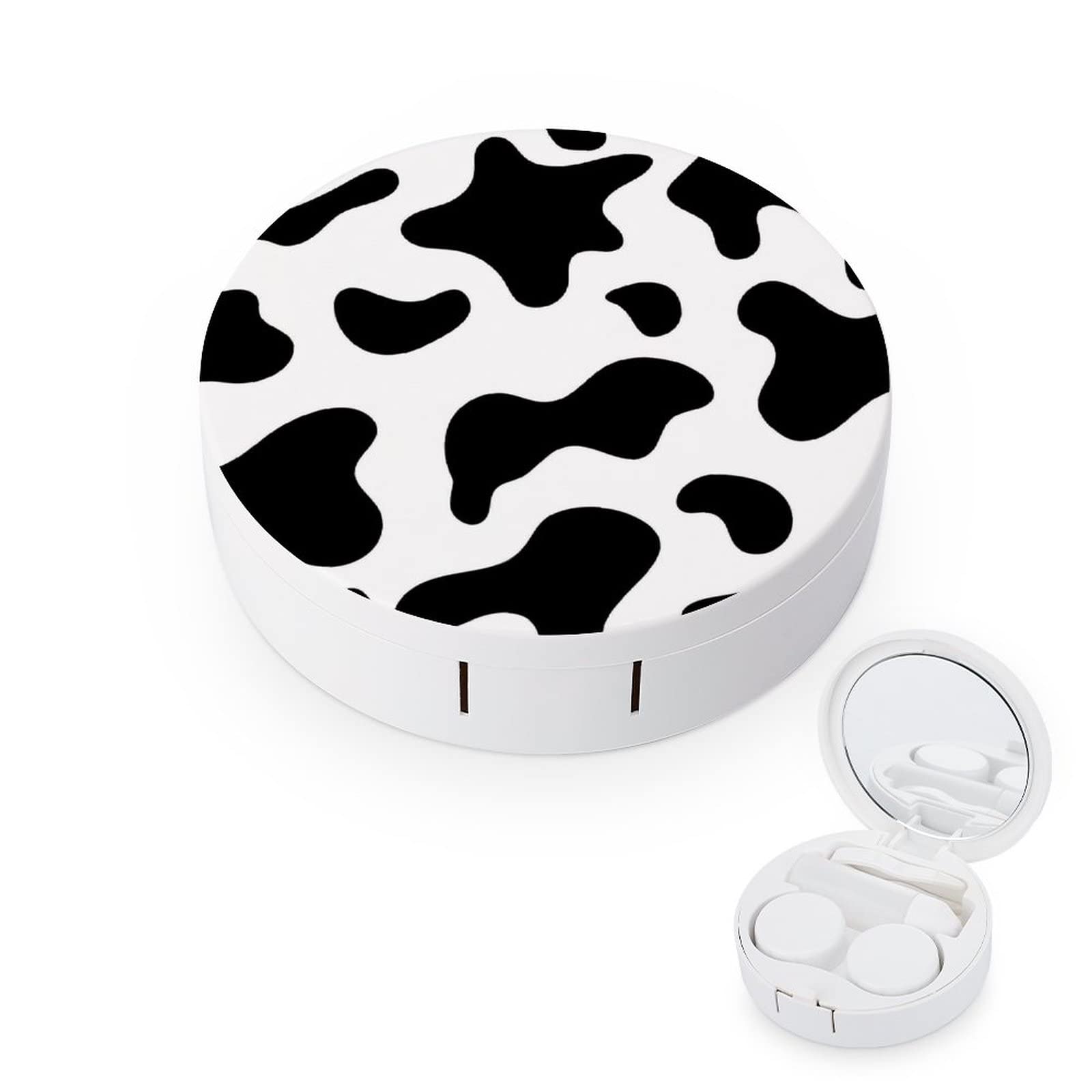 Bagea-Ka Cowhide Milk Cow Print Contact Lens Case Box Eye Care Kit Holder Mirror Box with Tweezers Remover Tool Solution Bottle for Outdoor Travel & Home, style, One size,