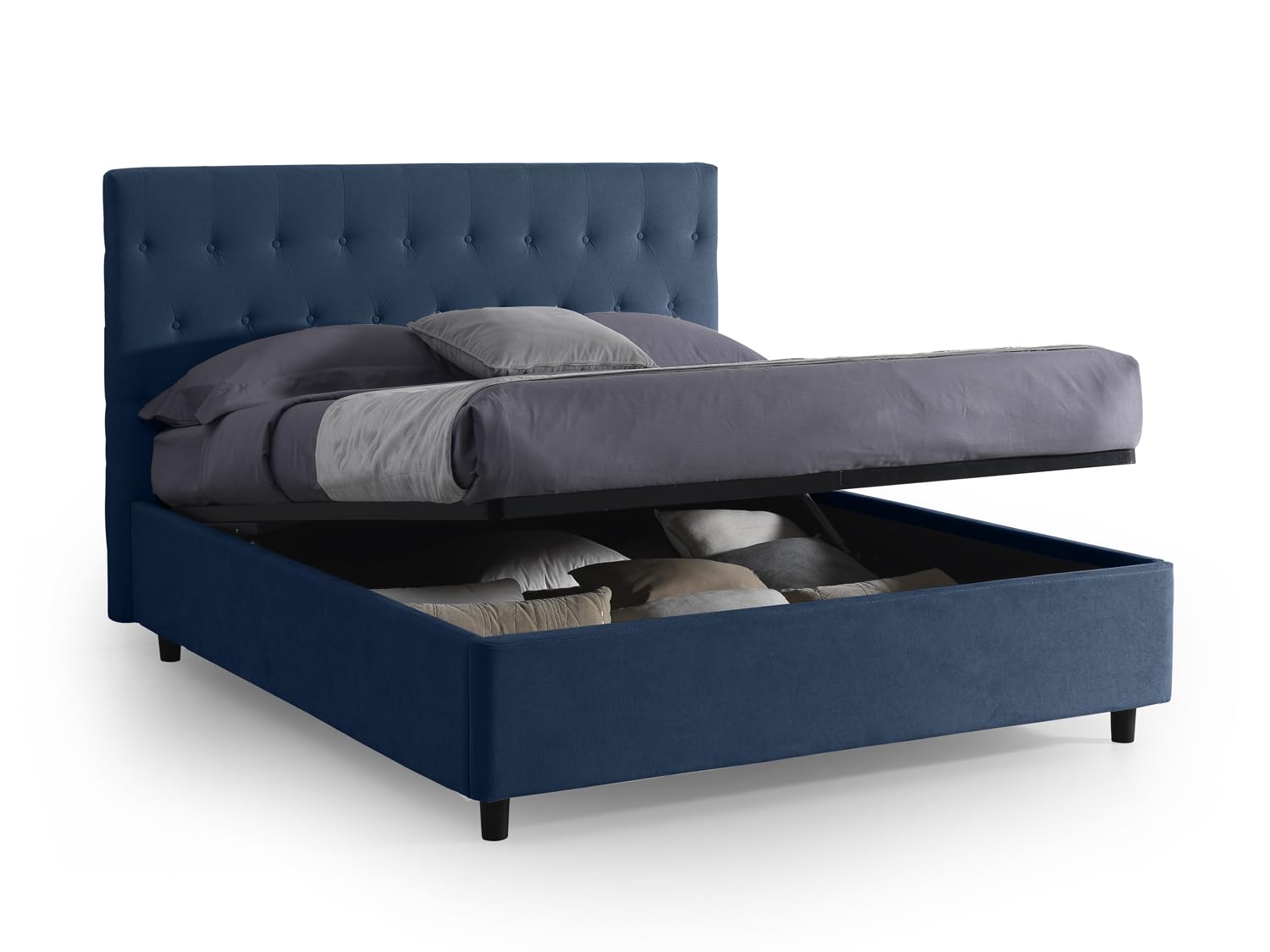 EVERGREENWEB Letto Matrimoniale con CONTENITORE Apertura Idraulica Salvaspazio, Testiera in Tessuto Blu Imbottita, Moderna Struttura RINFORZATA Facile da Montare, Rete a Doghe in Legno 160x190 VENEZIA